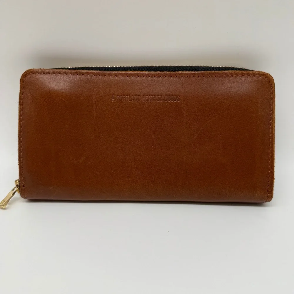 Portland Leather Goods Zip Around Wallet Cognac Brown Leather Minimalist